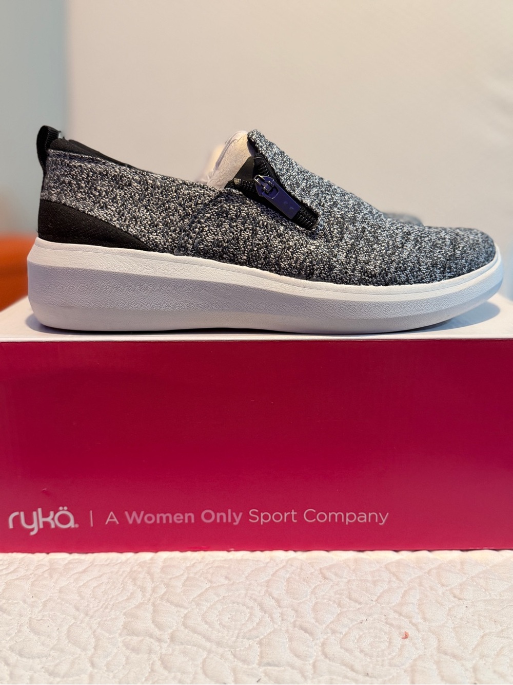 Ryka Women's Slip-On Knit Zip Sneaker in Gray and Black